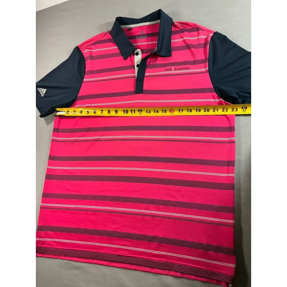 Adidas Golf Polo Men’s Large Pink Navy Striped The Players Championship Shirt